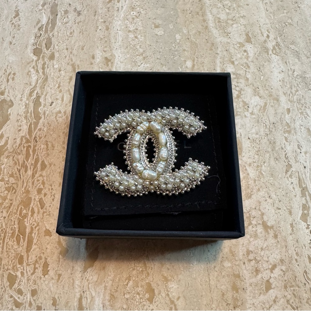 Chanel CC Pearl Brooch Champagne Tone
